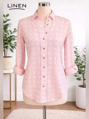 Women’s Linen pink & white clover leaf button up blouse PM M summer comfort Prep